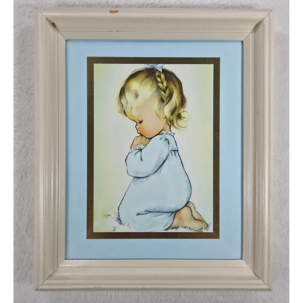 VTG Pair Charlot Byj Prints Framed Gold Foil Mat Praying Boy GIrl Nursery Art